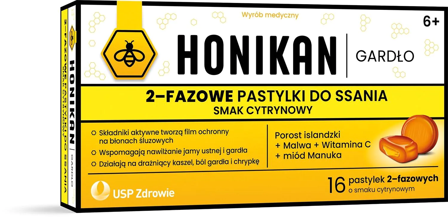 Honikan Gardło 2-fazowe pastylki do ssania, Smak cytrynowy