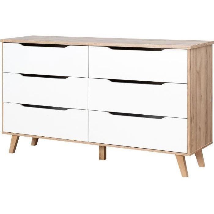 VANKKA 6-drawer chest - Oak and white finish - Scandinavian style - W 154 x D 42 x H 86 cm