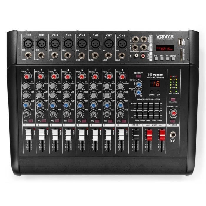 VONYX AM8A Table de mixage 8 canaux avec amplificateur 1000 Watts intégré, Bluetooth, MP3/USB/SD, 16 effets digitaux, Entrée RCA