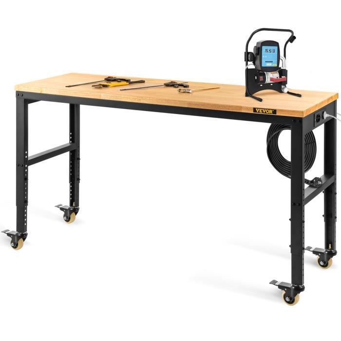 Banco de trabajo VEVOR para taller o garaje, mesa de trabajo ajustable con 4 ruedas, 155 x 51 cm.