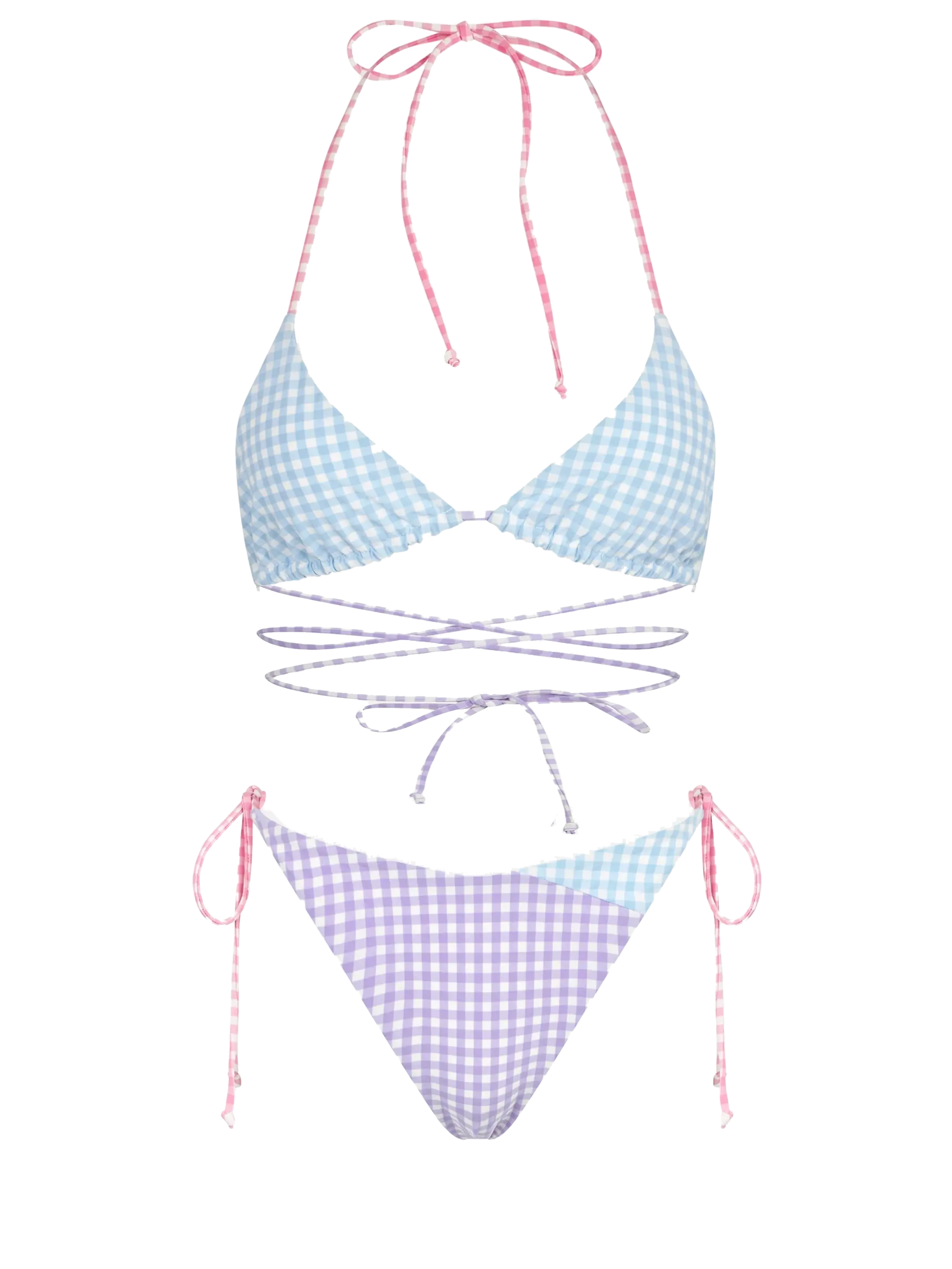 Triangelbikini met ruitjespatroon en lange strikjes
