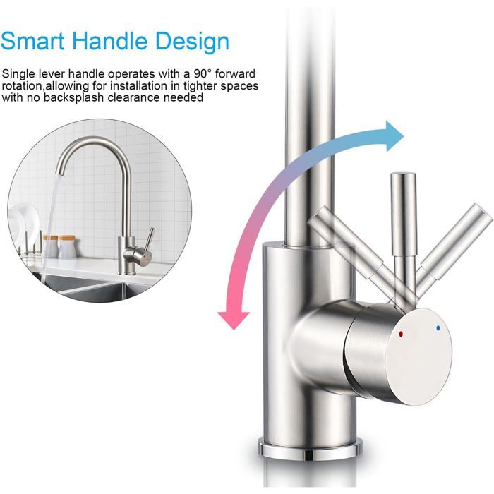 Robinet Cuisine Brossé,360° Rotatif,Mitigeur Monocommande,Résistant à la Rouille,Installation Facile,Foro Singolo