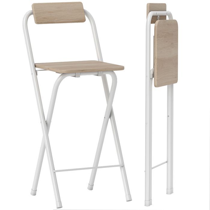 Lot de 2 tabourets de bar - HOMCOM - pliables - dossier et repose-pieds - cadre en acier - 87 cm de haut - effet bois naturel
