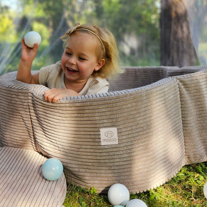 MISIOO Piscina di palline per neonati/bambini, velluto a coste beige con fiori, 95x30 cm, 200 palline: oro/bianco perla/trasparente