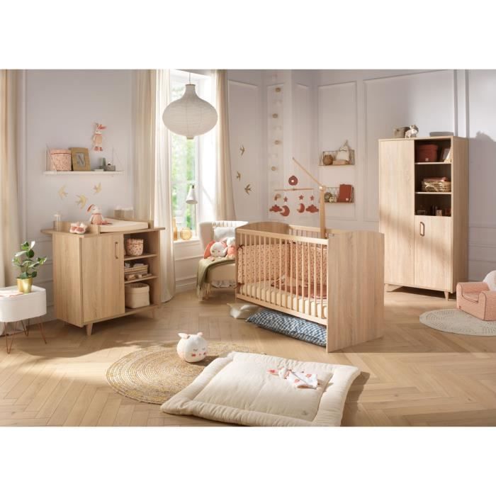 Conjunto completo de dormitorio infantil - SAUTHON - Sam Golden Oak - Cuna de 120 x 60 cm, cambiador y armario