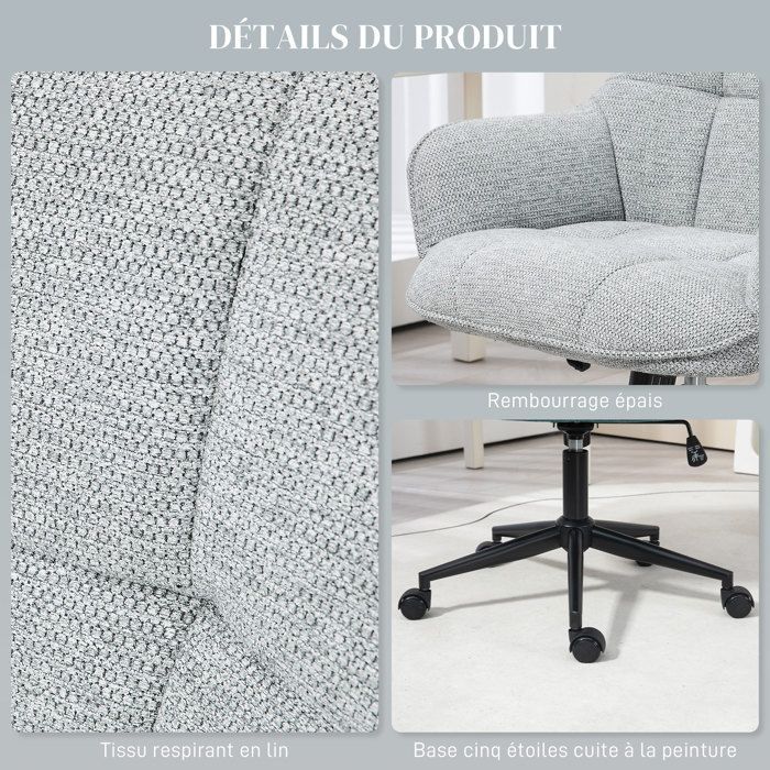 Fauteuil chaise de bureau HOMCOM dossier assise capitonnée hauteur réglable pivotant 360° piètement noir revêtement tissu gris