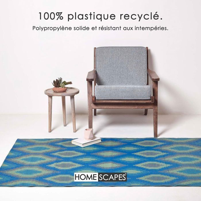 Tapis extérieur jardin imperméable, réversible et résistant UV - Amber - 180 x 270 cm - Bleu - Matériaux recyclés - Homescapes