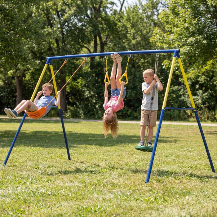 Children's Swing Set - AIYAPLAY - 3 in 1 - 2 Swings, 2 Gymnastic Rings - Steel - 285x160x181cm - Multicoloured