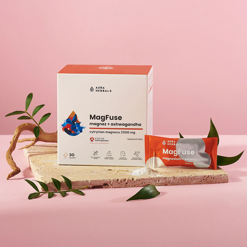 Výživový doplnok Aura Herbals MagFuse + Ashwagandha vo forme vrecúšok na podporu fyzickej a psychickej rovnováhy tela