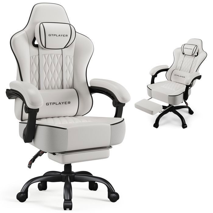 Silla gaming ergonómica, sincronizada, reposabrazos ajustables, cojines lumbares/para la cabeza, asiento de tela gruesa - Blanca
