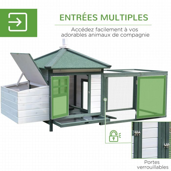 Pollaio - PawHut - Casetta con posatoio, rampa, nido, recinto e vassoio per escrementi - Legno di pino - 196x76x97 cm - Verde e bianco