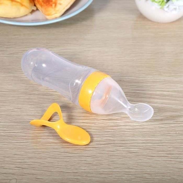 Biberon in silicone da 90 ml con cucchiaino e bustina di cereali freschi (giallo) - HEN