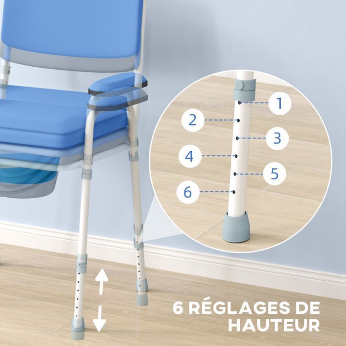 Silla inodoro multifuncional HOMCOM con cubo extraíble, altura regulable, asiento y reposabrazos acolchados, color azul.