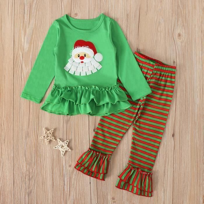 FUNMOON Fille Bébé Combinaison Haut Vert Manche Longue + Pantalon Évasé  Raies 0-4 Ans Ensemble De Vêtement Noël Pour Enfant - Vert