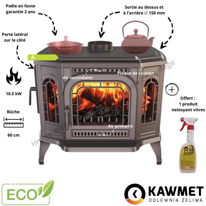 Estufa de leña de hierro fundido con placa de cocción, 10,5 kW, P7 CookTop LB ECO KAWMET