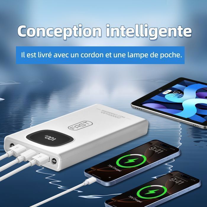 Batteria esterna, power bank da 22,5 W e 20000 mAh, portatile con ingresso e uscita USB C, ricarica rapida PD3.0 e QC4.0, colore bianco.
