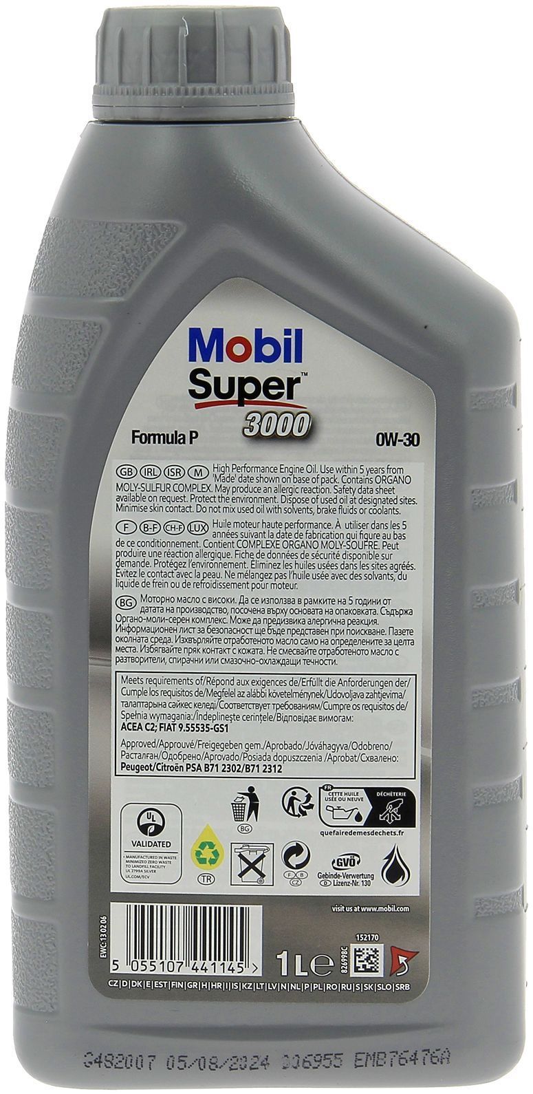 Aceite sintético para motor 0W-30 - MOBIL - Super 3000 - Formula-P - Lata de 1L - Alto rendimiento