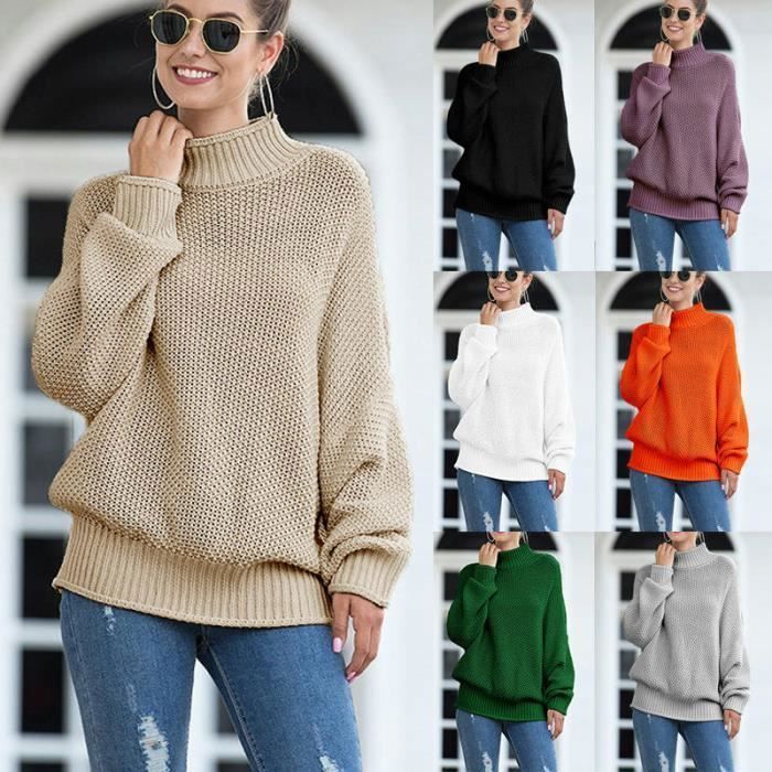Jersey de cuello alto de punto para mujer, corte holgado y cálido para otoño/invierno, manga larga, color liso - Rosa