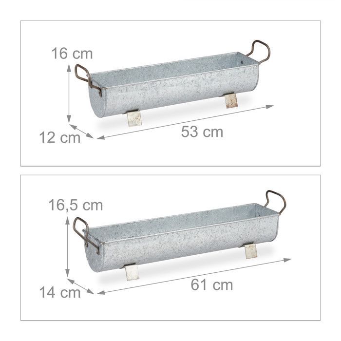 Relaxdays Balconnière gouttière pot de fleurs métal jardinière zinc jardin bac à fleurs déco set de 2, argenté