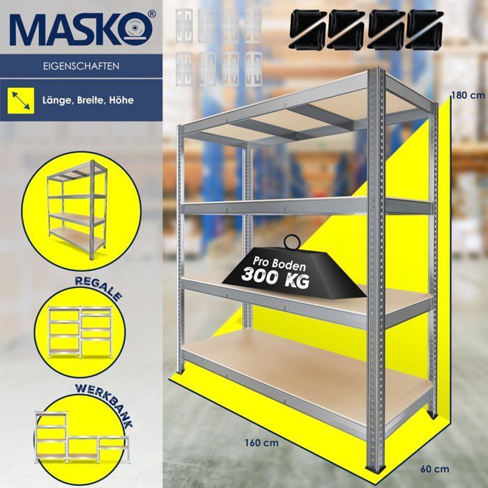 MASKO® Étagère charges lourde en métal max. 1200kg | Étagère de Stockage & Rangement à 4 niveaux pour garage & Atelier Argent