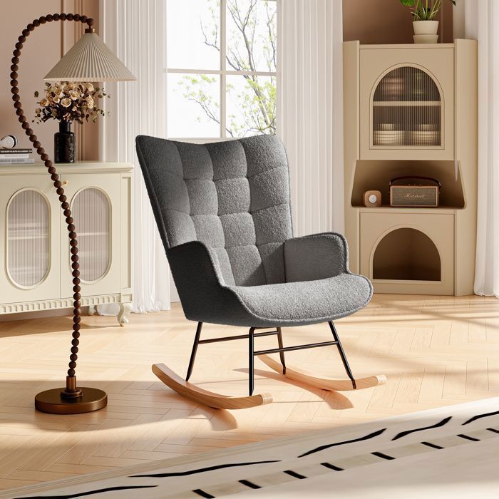 Fauteuil à Bascule, Fauteuil de Relaxation Velours Teddy, Rocking Chair pour Salon, Bois Massif et Cadre en Métal,Gris Foncé