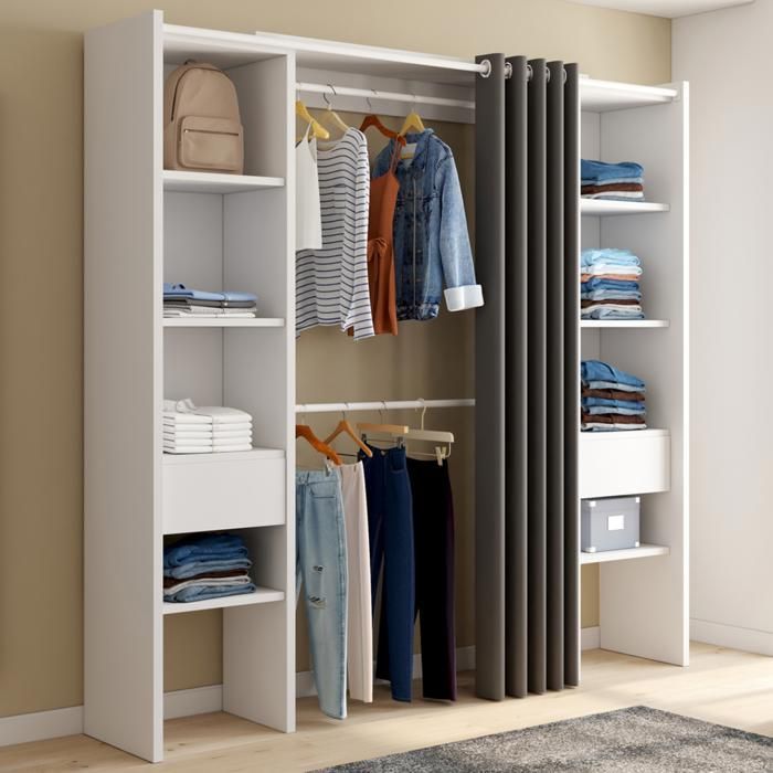 IDMARKET MERYL Extendable Double Wardrobe 120/180 x 50 x 180 cm White with Shelves + Double Hanging Rail + Grey Curtain