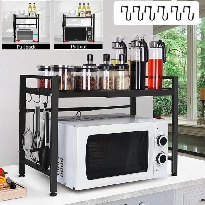 Kitchen Storage Unit, Microwave Oven Stand, Adjustable Length 40-64cm with 6 Removable Hooks - Black