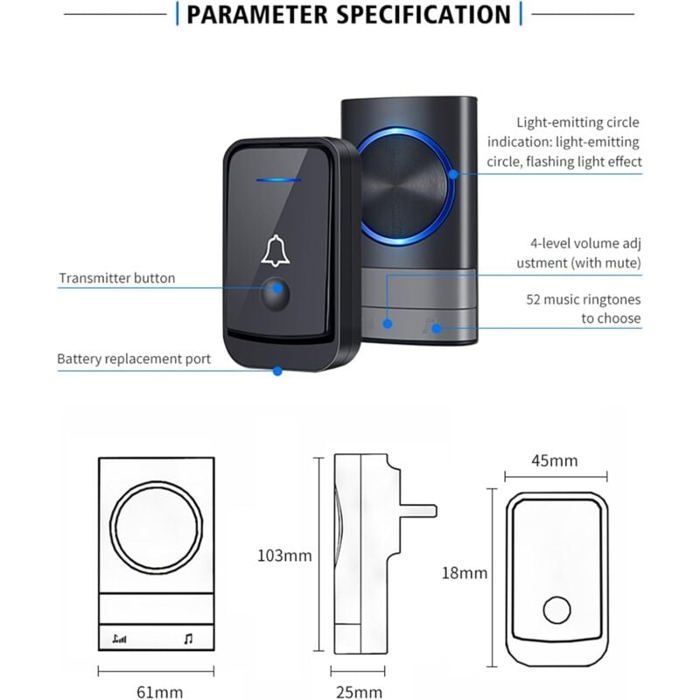 Timbre inalámbrico para exteriores IP44, alcance de 200 m, 52 melodías, indicador LED azul.