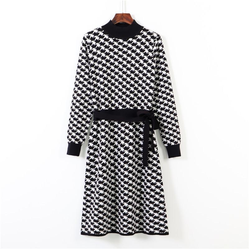 Abito da donna elegante in maglia geometrica autunno/inverno, slim fit con nodo e cintura, maglione a trapezio morbido e caldo, vestito