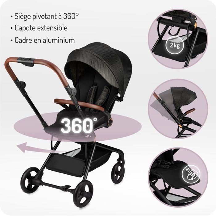 MoMi ADELLE - Poussette citadine légère 7,5 kg - Siège rotatif 360° - Dès 6 mois jusqu’à 22 kg - Noir/Doré