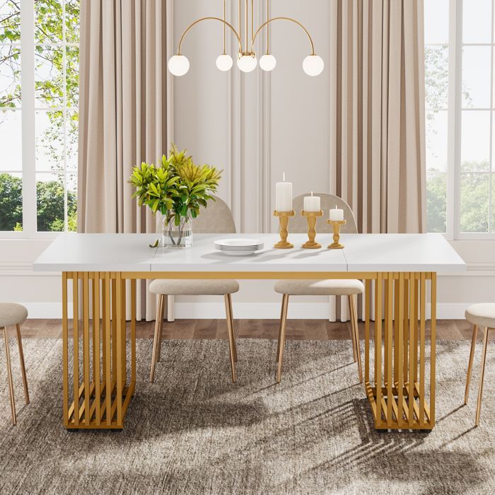 Table à Manger Moderne,Little Tree,180 cm Table de Cuisine en Bois avec Pieds en Métal Doré Pour 6 à 8 Personnes,Blanc et Or