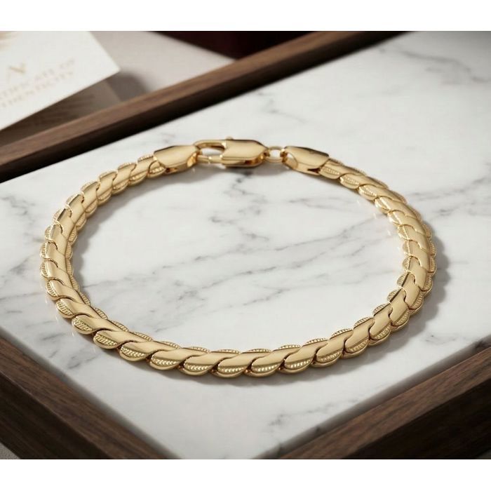 Bracelet - Maille Plate - Palmier - Plaqué Or Jaune 750/1000 - 19 cm - Largeur 6 mm - Femme