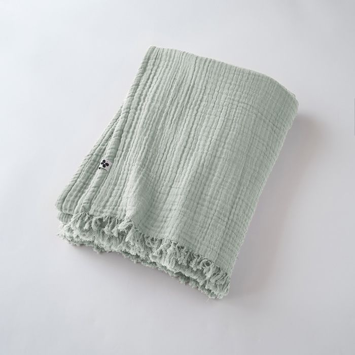 Manta GAÏA Eucalyptus 180 x 220 cm - Gasa doble de algodón, flecos bohemios