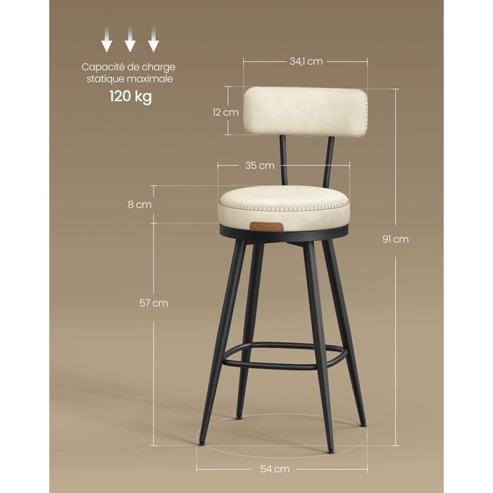 Swivel bar stool - VASAGLE - Set of 2 - 360° swivel - With backrest - Height 65 cm - Cream - PU - Stable