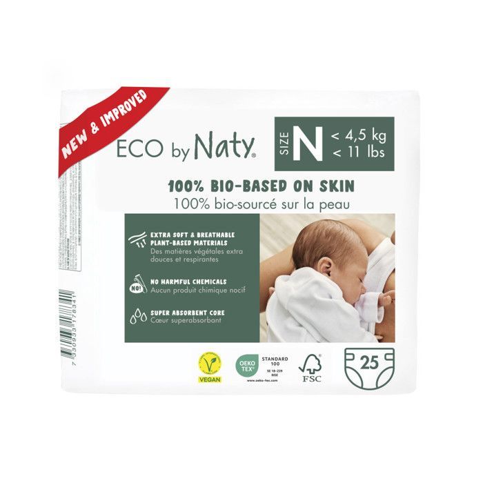 Eco by Naty, Size 0, 100 diapers, -4.5kg, enough for ONE MONTH of use. Eco-friendly diaper made from