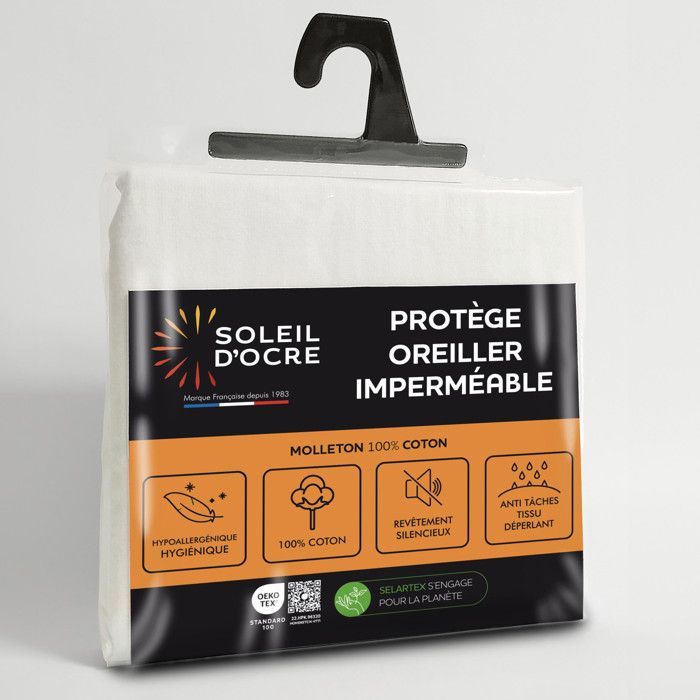 Taie protège oreiller coton 50x70 cm MOLLETON imperméable, par Soleil d'ocre