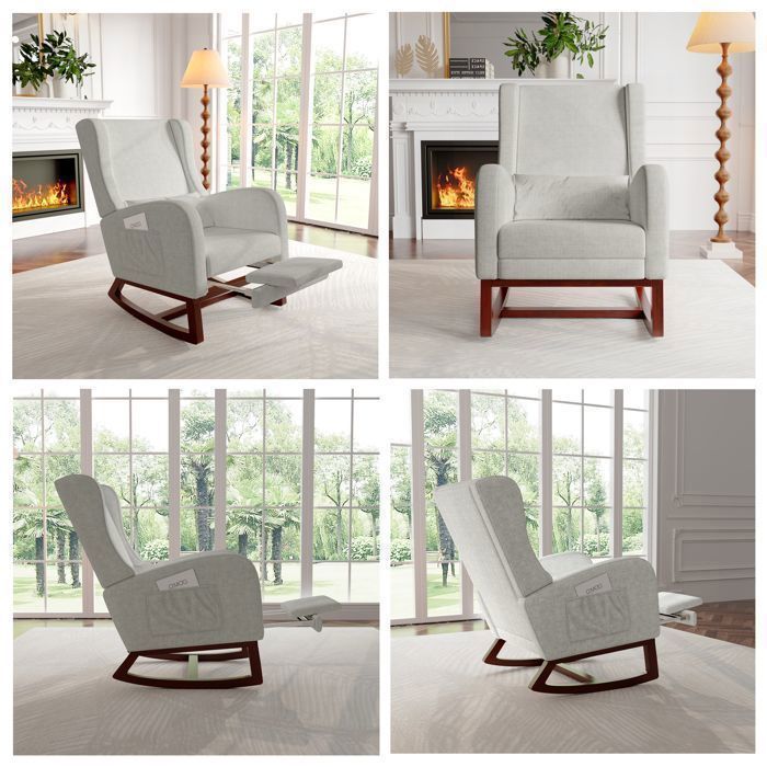 Chaise à Bascule - SOMUBI - Rocking Chair - Tissu Gris - Repose-jambes Télescopique - Poches de Rangement