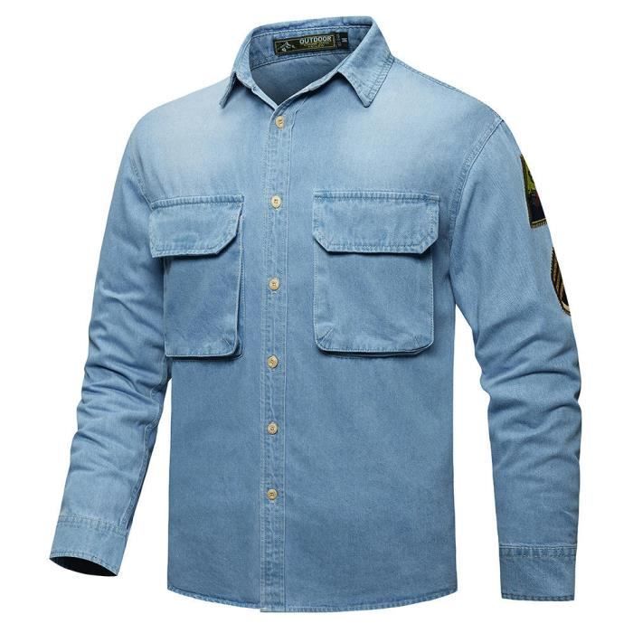 Camisa vaquera de manga larga para hombre con bolsillos, color liso, para primavera y otoño - Azul claro