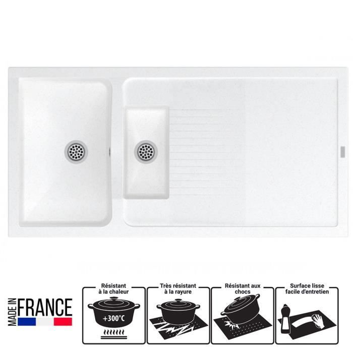 Fregadero de cocina - HECHO EN FRANCIA - 120 x 60 cm - 1 cubeta grande - 1 cubeta pequeña - Escurridor reversible