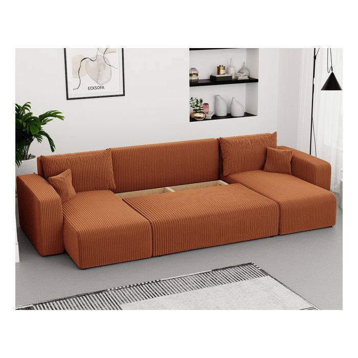 PIANO U 7-Sitzer Eckschlafsofa aus orangefarbenem Cord mit Stauraum und T30-Schaumstoff