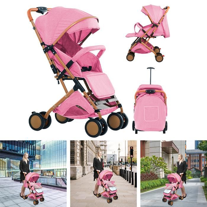 Cochecito MIPAN ligero y compacto - Cochecito de viaje plegable - Reclinable - Con capota y mosquitera + arnés de 5 puntos - Rosa