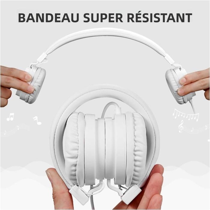Opvouwbare koptelefoon, kinderkoptelefoon, dikke hoofdband, 3,5 mm jackaansluiting, ruisonderdrukking, zachte oorkussens, wit