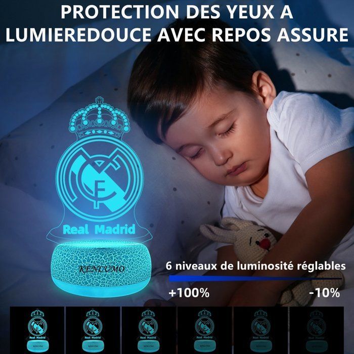 KENLUMO Veilleuse Real Madrid Football Lampe de chevet 3D LED Noël Enfant Cadeau Lampe de nuit télécommande Changement de Couleurs