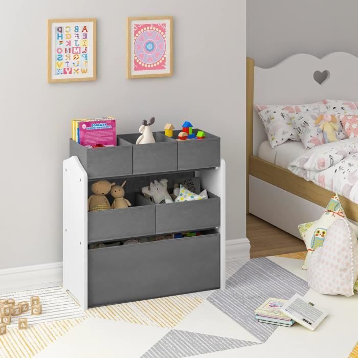 Meuble de Rangement pour Chambre d’Enfant avec 6 Boîtes Amovibles, Étagère Blanche avec Coffres à Jouets Gris, 63x30x60cm 0023ETSJ
