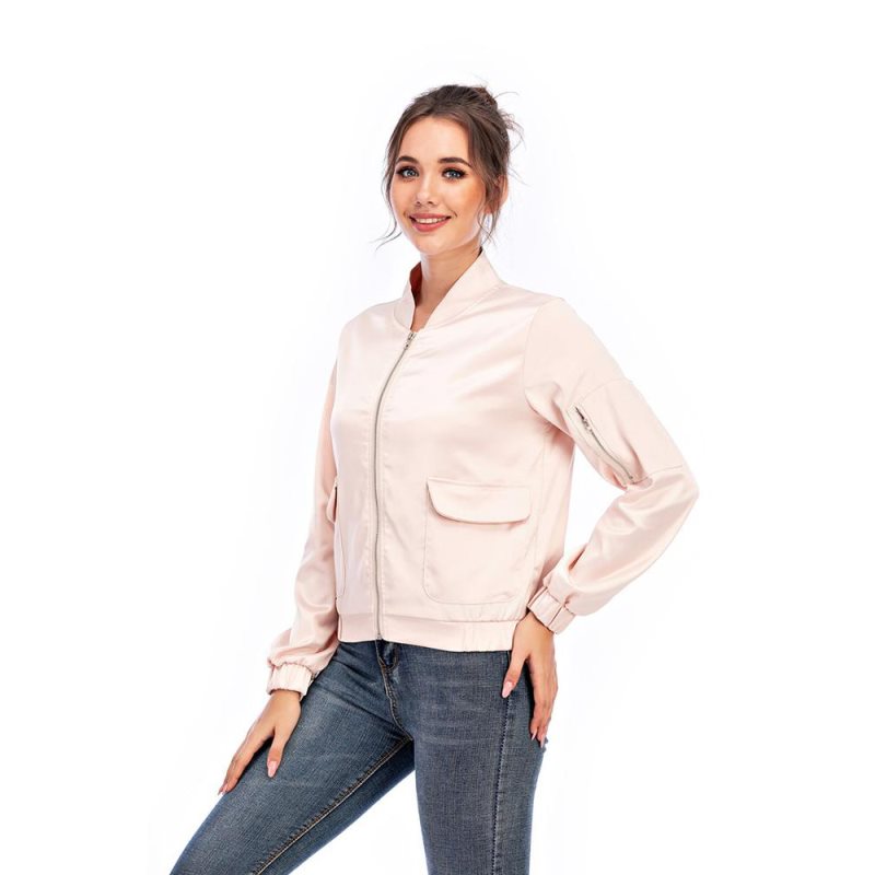 Nouveautés automne : Vestes femme tendance, coloris abricot manches longues col montant, style streetwear, fermeture éclair.