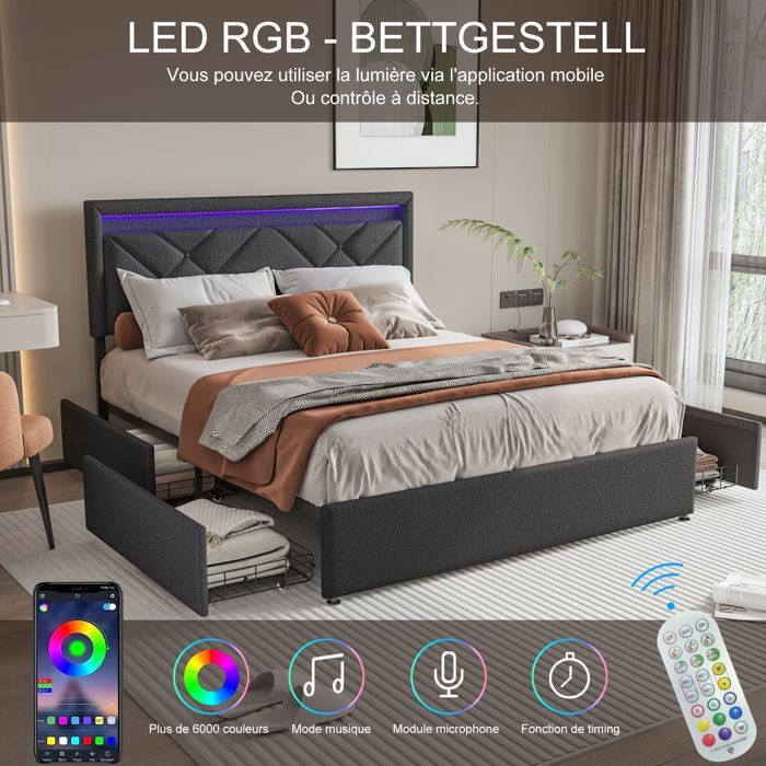 Lit double 160x200 cm avec 4 tiroirs, Lit rembourré tête de lit avec LED et chargement USB, Lin Style scandinave - Gris foncé
