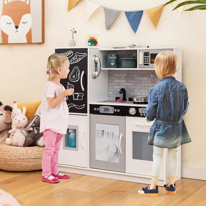 Cocina de madera infantil COSTWAY para niños de 3 a 6 años con teléfono, pizarra, microondas, máquina de hielo y 7 accesorios - Gris