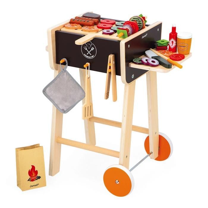 Barbacoa de madera - Cocina de juguete y set de juego para niños - 57 accesorios incluidos - 2 ruedas silenciosas - Para mayores de 3 años