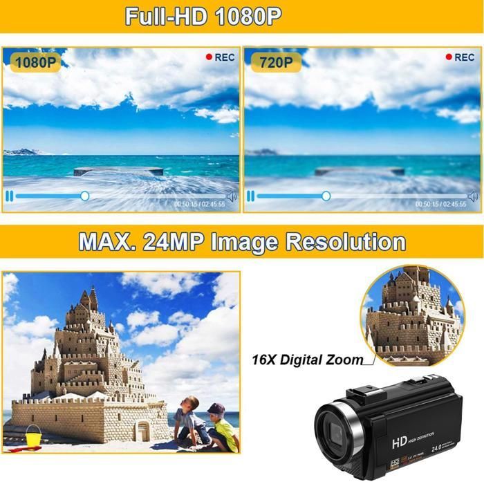 Cámara de video INF 1080P de 24 MP con zoom de 16x y pantalla LCD giratoria de 270 grados.