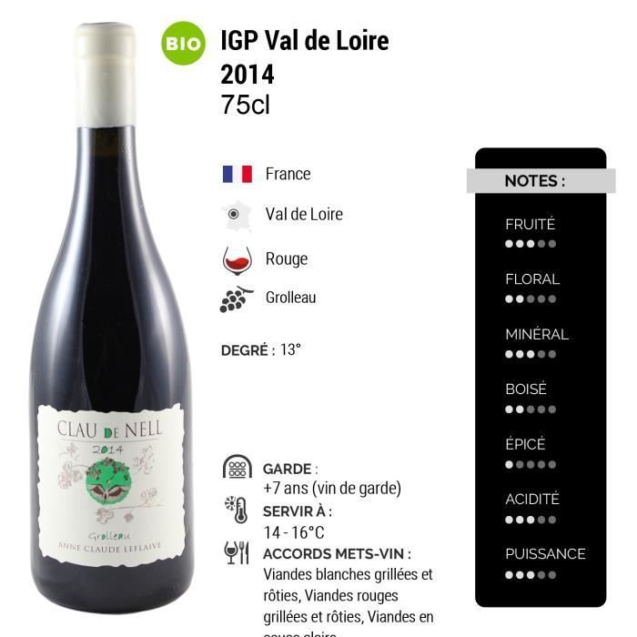 Clau de Nell Grolleau Rouge 2014 - Bio - Lot de 3x75cl - Appellation IGP Val de Loire - Vin Rouge du Val de Loire - Cépage Grolleau